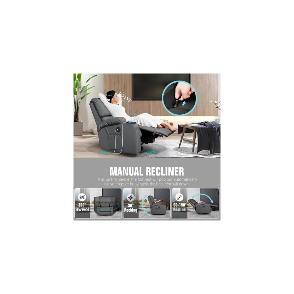 LAFWELL Rocking Recliner Chair, Massage Rocker Recliner Chair with Vibration Massage and Heat, USB and Type-C Ports,360° Swivel Faux Leather Chairs, Living Room, Bedroom, Nursery, RV, Dark Grey