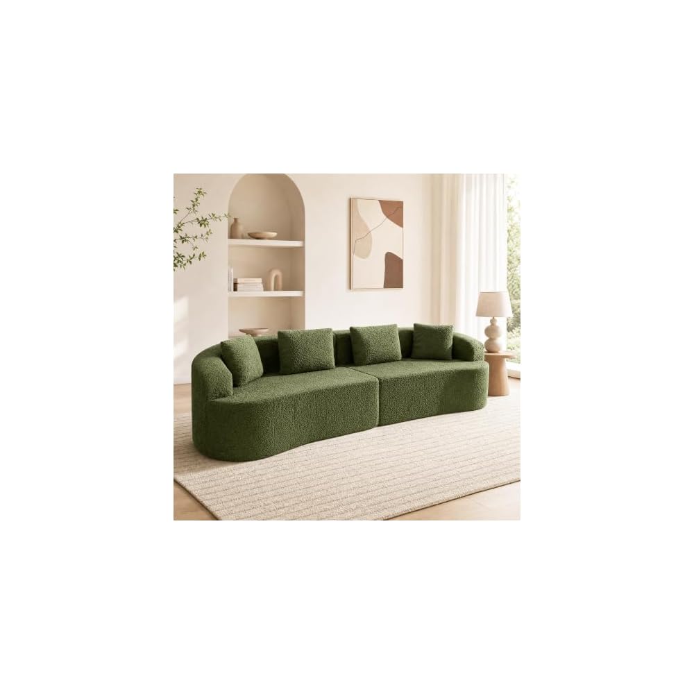 112" Curved Loveseat Sofa, Boneless Teddy Couch with Pillow, Green