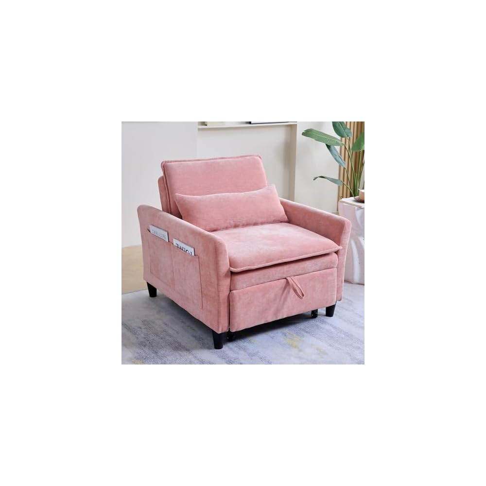 Sleeper Chair Pull Out Bed，Chenille 3 in 1 Convertible Sleeper Couches Single Sofa Chair with Adjustable Backrest for Living Room Bedroom Small Spaces (Pink)