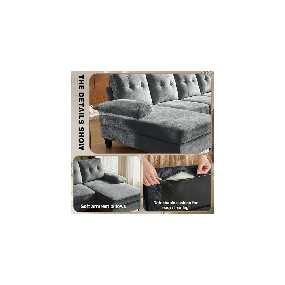 Sectional Couches for Living Room, Polyester, Dark Grey