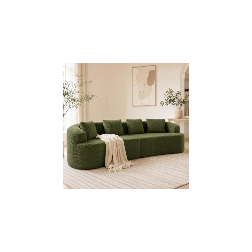 112" Curved Loveseat Sofa, Boneless Teddy Couch with Pillow, Green