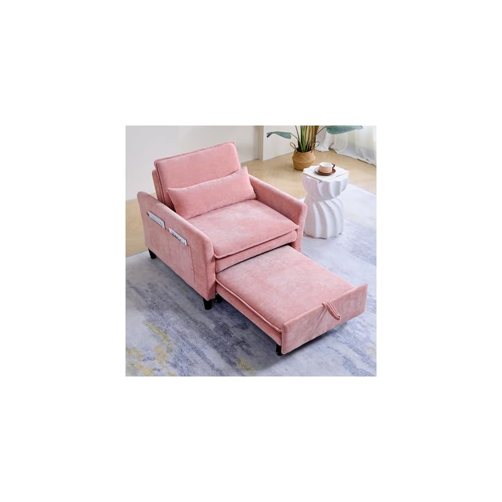 Sleeper Chair Pull Out Bed，Chenille 3 in 1 Convertible Sleeper Couches Single Sofa Chair with Adjustable Backrest for Living Room Bedroom Small Spaces (Pink)
