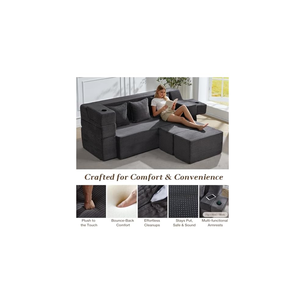 HOMREST 78.7" Sleeper Ottoman Sofa Bed for Small Space, Full-Length Folding Memory Foam Couch in a Box with 2 Ottomans & Flip-Up Armrest, 3-in-1 Convertible Futon, No Assembly, Dark Grey