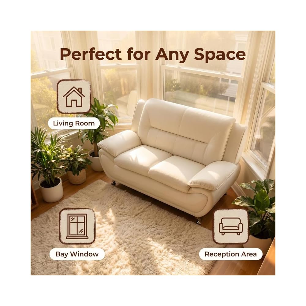 Modern Faux Leather Loveseat – 2-Seater Sofa with Chrome Legs & Padded Armrests – Contemporary Small Couch for Living Room, Bedroom, Home Office & Reception Area (White)