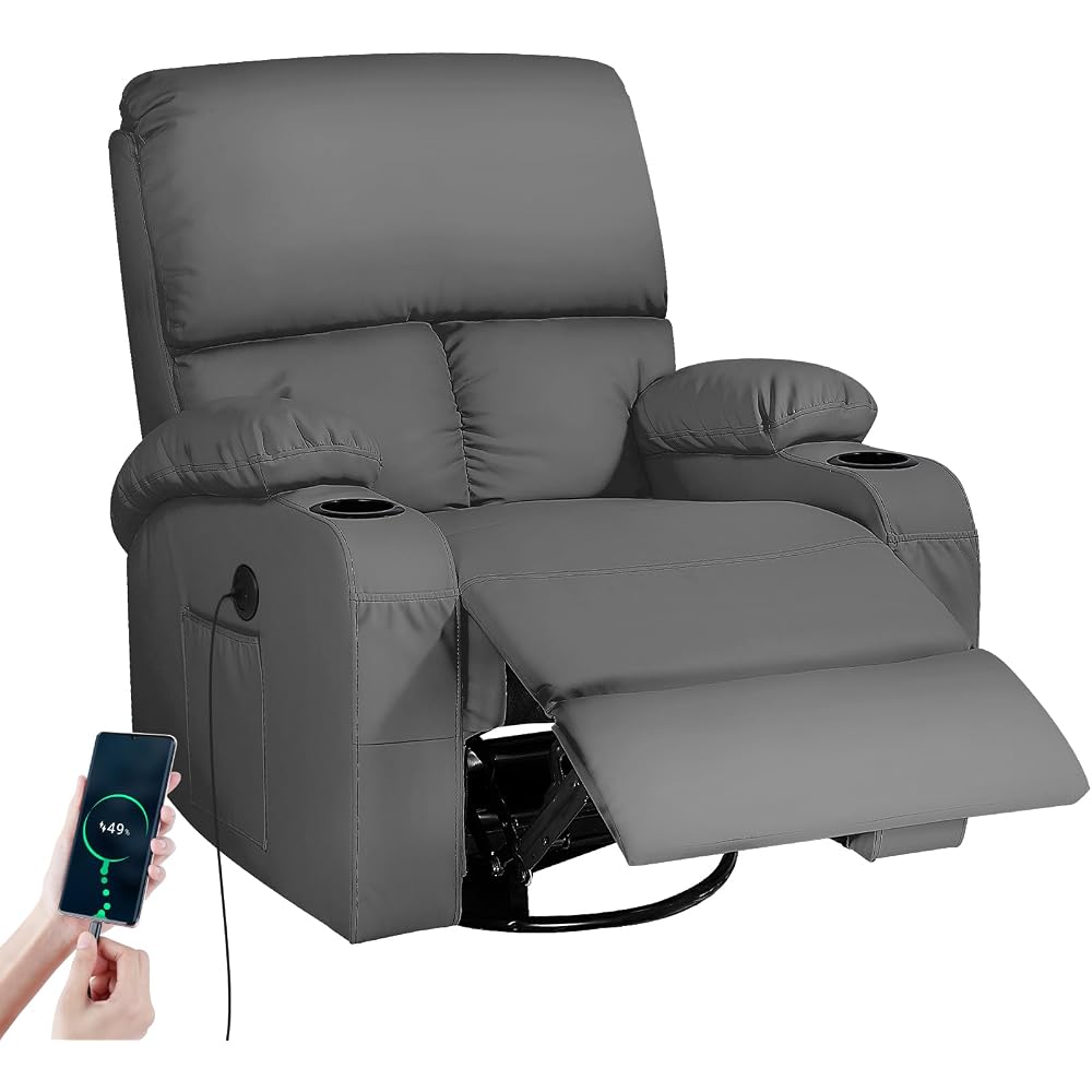 LAFWELL Rocking Recliner Chair, Massage Rocker Recliner Chair with Vibration Massage and Heat, USB and Type-C Ports,360° Swivel Faux Leather Chairs, Living Room, Bedroom, Nursery, RV, Dark Grey
