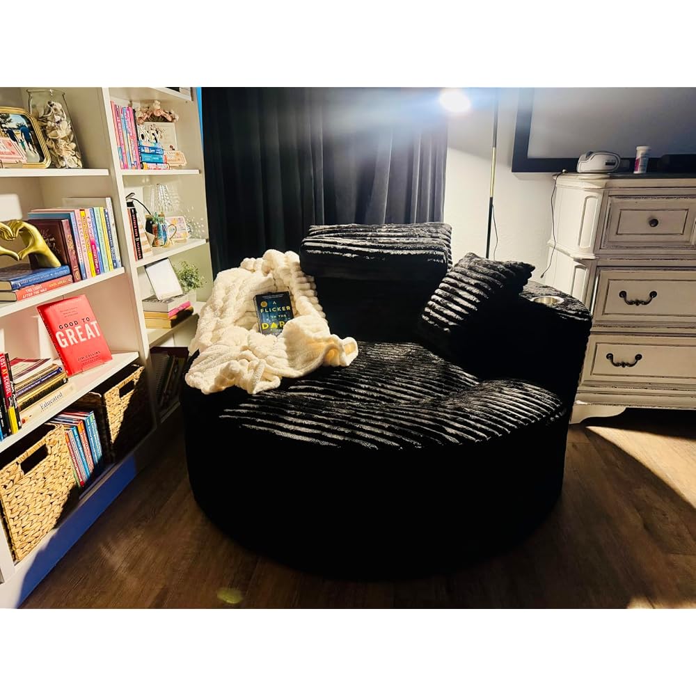 Oversized Round Chair Lounge Chaise Indoor, 53.5" Upholstered Corduroy Deep Seat Single Cloud Sofa Chair, Fluffy Modern Large Circle Boneless Sleeper Sofa for Living Room, Bedroom, Green