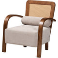Baxton Studio Sage Modern Japandi Light Grey Fabric and Walnut Brown Finished Wood Arm Chair with Woven Rattan