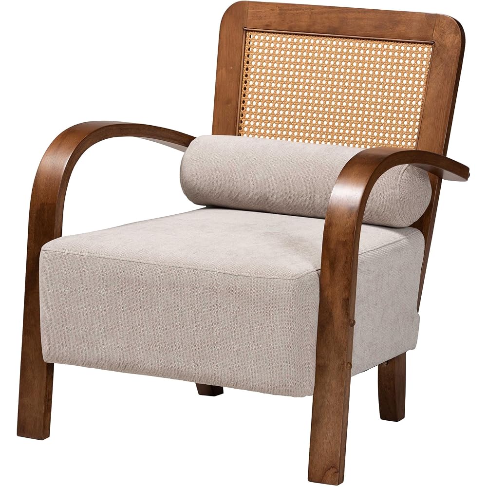 Baxton Studio Sage Modern Japandi Light Grey Fabric and Walnut Brown Finished Wood Arm Chair with Woven Rattan