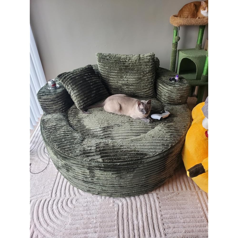 Oversized Round Chair Lounge Chaise Indoor, 53.5" Upholstered Corduroy Deep Seat Single Cloud Sofa Chair, Fluffy Modern Large Circle Boneless Sleeper Sofa for Living Room, Bedroom, Green