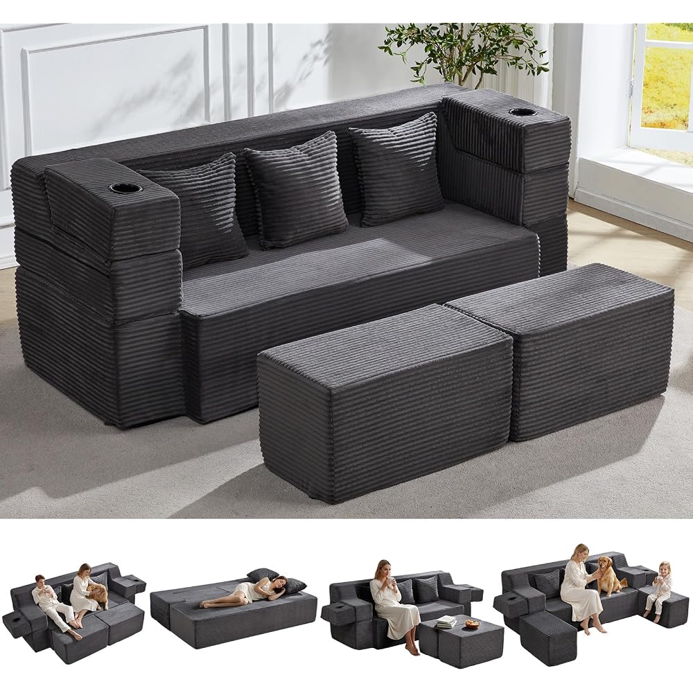 HOMREST 78.7" Sleeper Ottoman Sofa Bed for Small Space, Full-Length Folding Memory Foam Couch in a Box with 2 Ottomans & Flip-Up Armrest, 3-in-1 Convertible Futon, No Assembly, Dark Grey