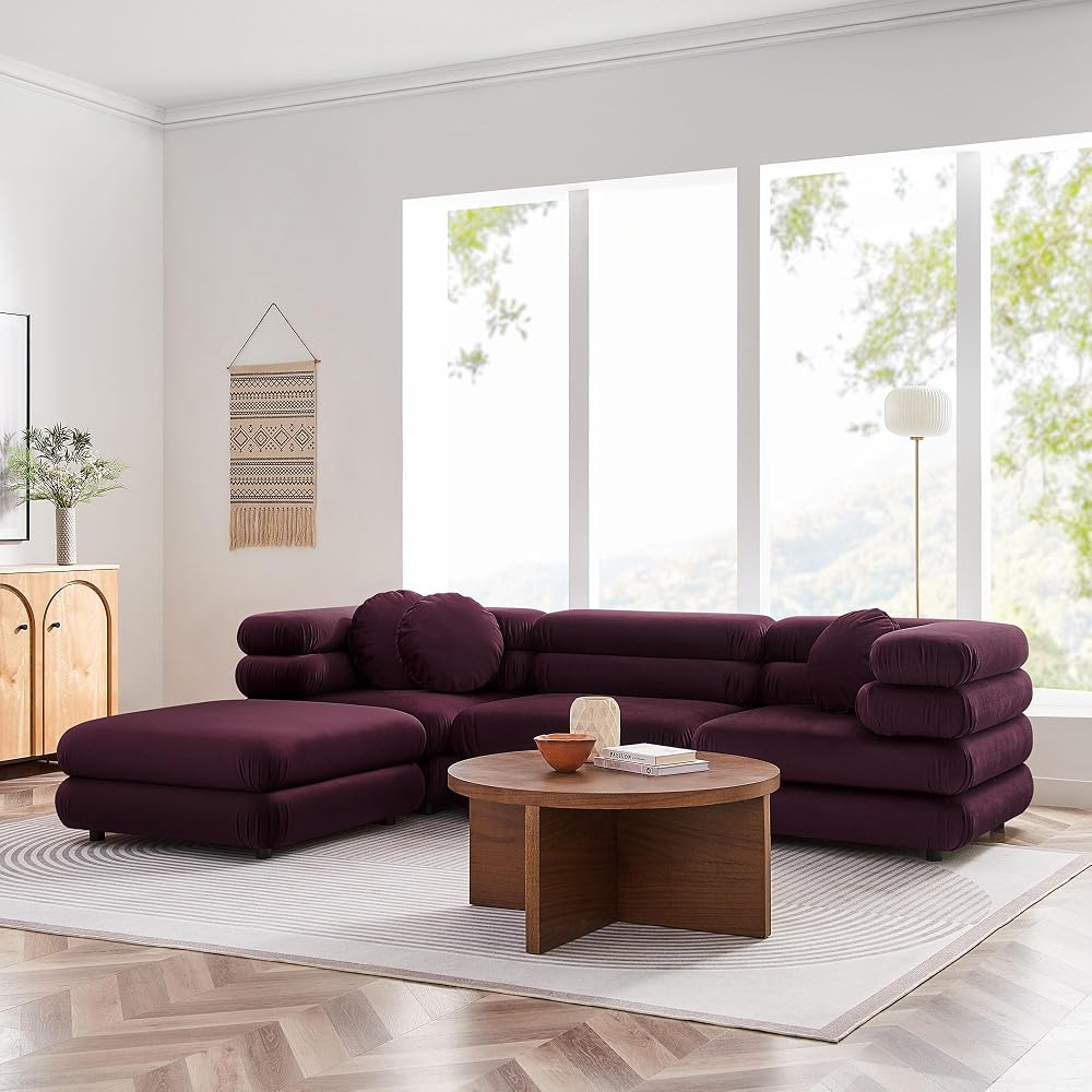 Modway Jubilee Performance Velvet 4 Piece Sectional Sofa with Ottoman in Mulberry