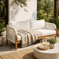Acacia Wood Patio Couch Sofa with Rope Armrest, All-Weather Cushions & Pillows, Patio Low 2-Seater Lounge Sofa for Porch, Lawn, Backyard, Balcony, Indoor&Outdoor Use,Beige