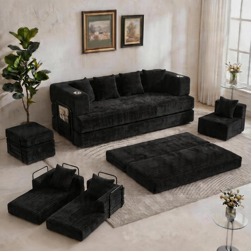Garvee Queen Boneless Sofa Bed Convertible Sleeper Sofa Bed, 4-in-1 Corduroy Pull Out Daybed Memory Foam Couch with 4 Pillows & 2 Cup Holders for Living Room Apartment, No Assembly,Black