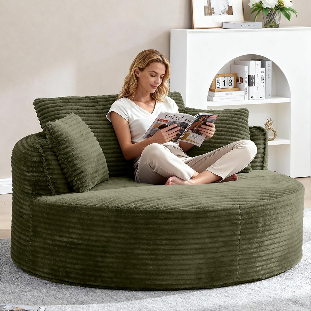 Oversized Round Chair Lounge Chaise Indoor, 53.5" Upholstered Corduroy Deep Seat Single Cloud Sofa Chair, Fluffy Modern Large Circle Boneless Sleeper Sofa for Living Room, Bedroom, Green