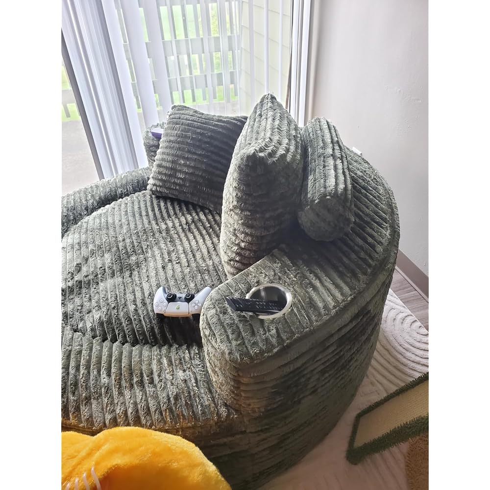 Oversized Round Chair Lounge Chaise Indoor, 53.5" Upholstered Corduroy Deep Seat Single Cloud Sofa Chair, Fluffy Modern Large Circle Boneless Sleeper Sofa for Living Room, Bedroom, Green