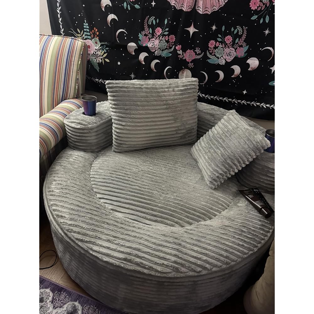 Oversized Round Chair Lounge Chaise Indoor, 53.5" Upholstered Corduroy Deep Seat Single Cloud Sofa Chair, Fluffy Modern Large Circle Boneless Sleeper Sofa for Living Room, Bedroom, Green