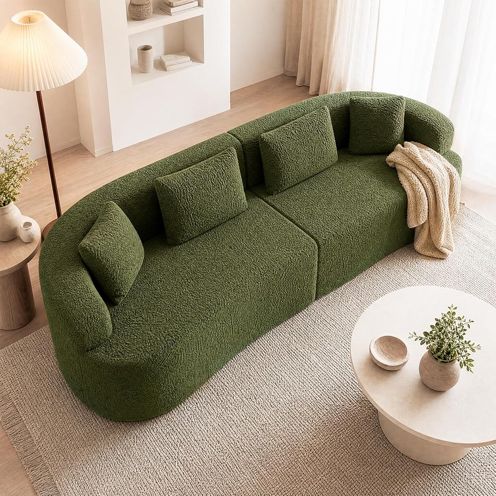 112" Curved Loveseat Sofa, Boneless Teddy Couch with Pillow, Green